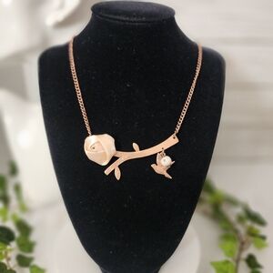 Copper Necklace with Satin Rose Stem and Bird